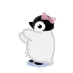 a drawing of a penguin with a pink bow on it's head and arms