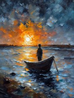 a painting of a man standing in a boat on the water at sunset or sunrise