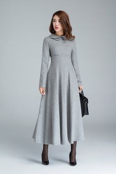 light grey dress, pleated dress, high waisted dress 1613 – xiaolizi Wool Dress Winter, Grey Long Dress, Light Grey Dress, Classic Clothes, Winter Dress Outfits, Dress Winter, Dress Pleated, High Waist Dress, Grey Dress