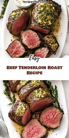 beef tenderloin roast recipe on a white platter with herbs and seasoning