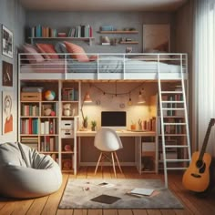 a loft bed with a desk and chair in front of it, surrounded by bookshelves