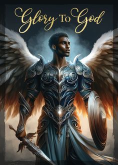 the cover to glory to god, featuring an image of a man with wings and armor