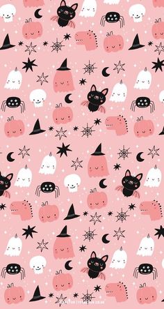 a pink background with black cats and stars