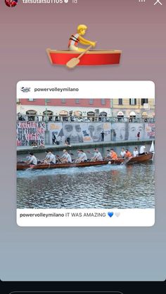 the screenshot shows people rowing in canoes on water, and an image of a man