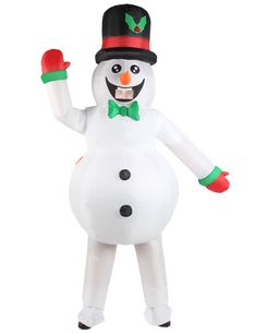 an inflatable snowman wearing a top hat and green gloves with one hand up