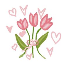 pink tulips with hearts and bows on a white background