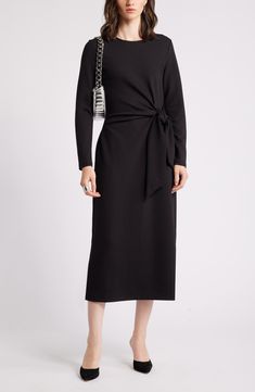 Nordstrom Tie Waist Long Sleeve Knit Midi Dress | Nordstrom Women's Formal Dresses, Women's Maxi Dresses, Ladies Day Dresses, Beautiful Black Dresses, Day To Night Dresses, Night Dresses, Women Long Sleeve Dress, Womens Floral Dress, Printed Dresses