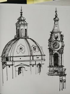 a drawing of a building with a clock on it's side and a bell tower in the background