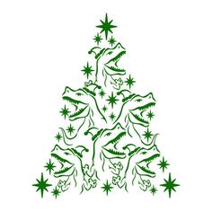 a green christmas tree with dinosaurs and stars on the top, against a white background