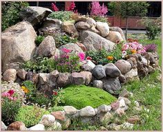 a garden with rocks and flowers in it