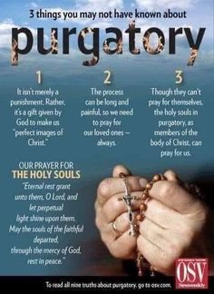 a poster with the words purgatoy written in english and an image of two hands holding a rosary