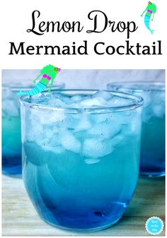 lemon drop mermaid cocktail in a glass with ice on the rim and text overlay that reads lemon drop mermaid cocktail