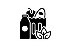 a black and white image of a bottle with leaves next to it on a white background