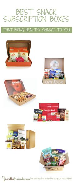 an assortment of snacks in boxes with the words best - snack supscription boxes that bring healthy snacks to you