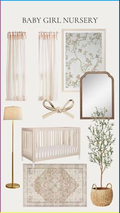 a baby girl nursery room with white furniture and accessories, including a crib, dresser, mirror, rugs, lamp, window curtain, wall hanging