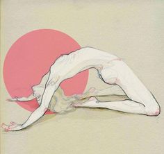 a drawing of a woman laying on the ground in front of a red sun with her legs spread out