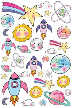 an assortment of stickers that include planets, stars and other things in the sky