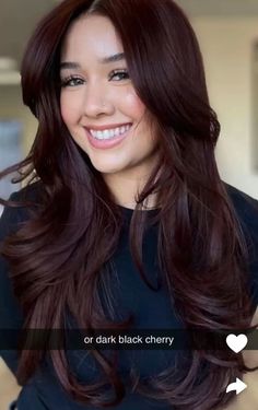 Wine Brunette Hair, Dark Brunette Red Balayage Hair, Dark Black Cherry Hair, Chocolate Cherry Brown Hair, Hair Color Trends For Brunettes, 90 Hair, Hair Color For Tan Skin, Cherry Brown Hair, Color Trends 2024