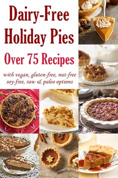 the cover of dairy - free holiday pies over 75 recipes