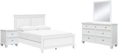 a bed, dresser and mirror are shown with white furniture in the image on a white background