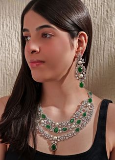 White Finish Layered Diamond And Green Stone Necklace Set Zevar By Geeta - Fabilicious Fashion Diamond Necklace Indian, 4 Earrings, Indian Theme, Stone Necklace Set, Green Stone Necklace, Indian Wedding Wear, Diamond Necklace Set, Green Stones, Layered Necklace