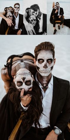 two people dressed in skeleton makeup posing for pictures