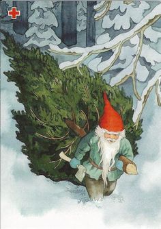 an illustration of a gnome carrying a christmas tree in the snow with red cross on it