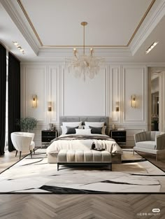 an elegant bedroom with white walls and wood flooring