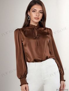 Poprose - Luxurious Satin Blouse with Adjustable Laces Brown Long Sleeve Party Tops, Spring Brown Solid Color Blouse, Brown Long Sleeve Party Blouse, Brown Long Sleeve Blouse For Party, Feminine Brown Tops For Fall, Elegant Brown Top For Work, Brown Solid Color Blouse For Fall, Brown Fall Office Blouse, Elegant Brown Spring Tops