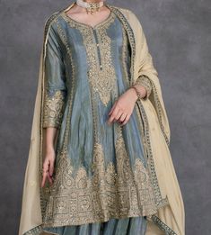 Slate Blue Salwar Kameez | Pakistani Wedding Suits | Saira's Boutique | Saira's Boutique Mehendi Party, Gold Thread Embroidery, Blue Anarkali, Saree With Belt, Silk Anarkali, Anarkali Salwar, Embroidered Organza, Readymade Blouse, Thread Embroidery