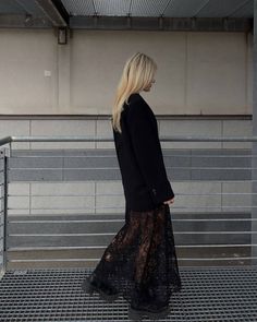 Black Lace Maxi Dress Outfit, Lace Trim Skirt Outfit, Mesh Long Skirt Outfit, Lace Skirt Outfit Aesthetic, Black Lace Outfit Aesthetic, Black Lace Maxi Skirt Outfit, Lace Long Skirt Outfit, Black Lace Long Skirt, Lace Skirt Aesthetic