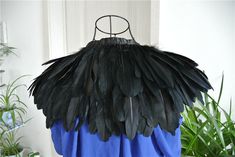 a black and blue dress with feathers hanging from it's hanger in front of a potted plant