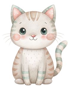 a watercolor painting of a cat with blue eyes and stripes on it's tail