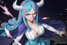 an anime character with blue hair and horns