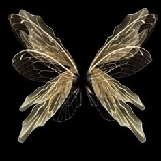 the wings of a butterfly are shown in black and gold colors on a black background