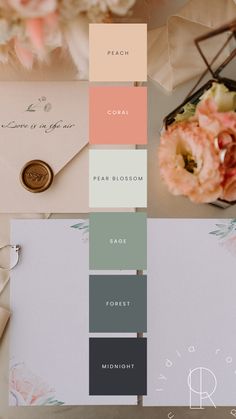 Alt Text: A moodboard featuring a harmonious sage and coral color palette. The palette includes midnight green, dark forest green, sage, pale green, coral, and peach. These colors are arranged in a stylish and visually appealing layout, perfect for small business branding or luxury weddings. The combination of deep and soft hues creates a balanced and elegant aesthetic. The moodboard showcases color swatches and design elements that highlight the versatility and beauty of this palette. Sage Colour Palette, Colour Palette Wedding, Coral Color Palette, Sage Color Palette, Coral Colour Palette, Wedding Color Pallet, Designer Branding, Color Design Inspiration, Midnight Green