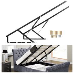 the bed frame is attached to the wall and has been placed on top of it