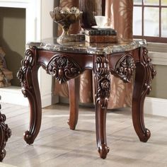 Scalloped Marble Top End Table With Carved Floral Motifs, Walnut Brown Marble Top End Tables, End Table Wood, Marble Top Console Table, Marble End Tables, Marble Table Top, End Table Sets, Wood And Marble, Acme Furniture, Design Toscano