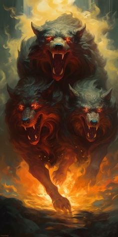 three wolfs with their mouths open in front of a blazing fire and water background