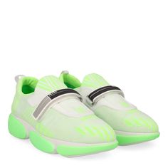 100% Authentic Prada Lime Green And White Cloudbust Shoes Nylon Tech Fluo Sneakers Leather And Rubber Trim Round Toes With Mesh Accents Platform 1.5” Low Top Cloth Trainers Mary Jane Strap And Velcro Closures At Upper Includes Box And Dustbag Innovative Technical, Futuristic Feature Linea Rossa Iconic And Sold Out Everywhere - Very Rare Colorway Size 7, Us 7, It 37 Great Condition - Slight Wear At Soles And Minor Marking At Outsoles As Shown In Photos 4, 5, 6, & 7 Sports Athletic Rare Pradasport Activewear Sporty Cool Futuristic Neon Lime Bright Beige Trainer Trainers Strap Straps Printed Mesh Accent Rubber Prada Sport Linea Rossa Unisex Cyber Cool Trr Luxury Funky Fun Unique Stell Beige Trainers, Prada Green, Stella Mccartney Adidas, Prada Shoes, Green And White, Mens Shoes Sneakers, Leather Sneakers, Womens Shoes Sneakers, Lime Green