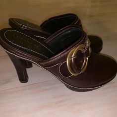 Coach Clog Heel. Brand New! Chic Clogs With 4-inch Heel And Round Toe, Chic Slip-on Coach Heels, Elegant Clogs With 4-inch Heel And Round Toe, Coach Leather Mules With Round Toe, Chic Coach Slip-on Heels, Casual Coach High Heels, Elegant Coach Slip-on Heels, Coach Leather Slip-on Heels, Casual Brown Coach Heels