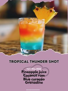 🌴 Feel the tropical vibes with a Tropical Thunder Shot! 🌴✨ #TropicalThunderShot #IslandVibes Tropical Thunder Shot Ingredients: Pineapple juice (1 oz) Coconut rum (1 oz) Blue curaçao (1/2 oz) Grenadine (a splash) Instructions: In a shaker, combine pineapple juice, coconut rum, and blue curaçao with ice. Shake well. Strain into a shot glass. Add a splash of grenadine for a layered effect. Get ready to be transported to a tropical paradise! 🌴✨ #RecipeInspire #TropicalShots #PartyTime Tropical Thunder, Wine Mixed Drinks, Tropical Drink Recipes, Juice Coconut, Alcoholic Punch Recipes, Low Carb Cocktails