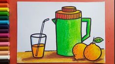 a drawing of a juicer and two oranges on a table with colored crayons