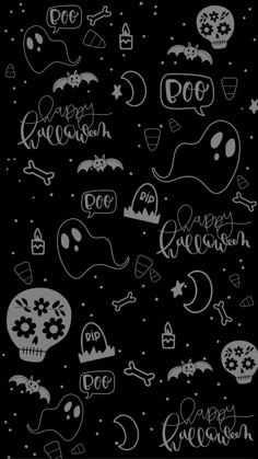 halloween doodles on black paper with white writing and ghost faces in the background,