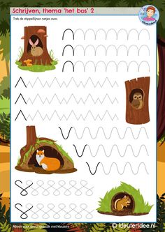 a printable worksheet for children to learn how to write and draw animals in the forest