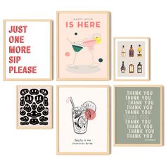 four different greeting cards with drinks on them