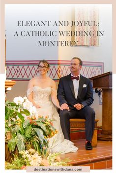 a bride and groom sitting on a bench in front of a sign that reads elegant and joyful a catholic wedding in montgomery