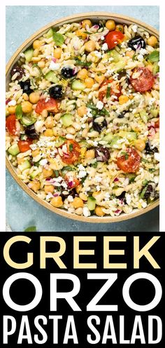 greek orzo pasta salad with tomatoes, olives, cucumbers and feta cheese