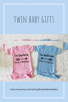 This really cute twin baby set is the perfect gift for new arrivals. Personalised with their names and a cute arrow design pointing to each other. Available in pink, blue and white vests. Preemie size vests are 3.5kg White Vests