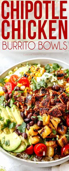 this chipotle chicken burrito bowl is loaded with black beans, corn, avocado and cilantro